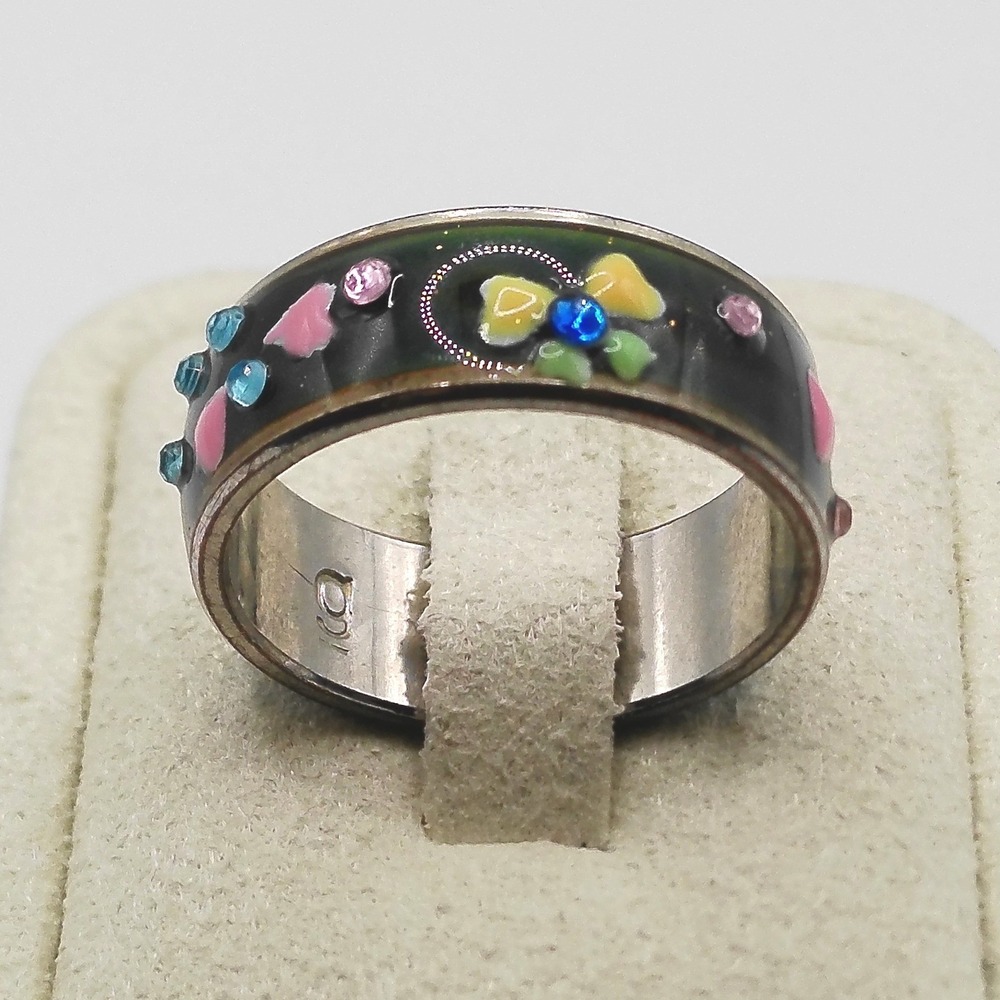 Black Enamel Colorful Accents Heart Rhinestone Band Ring Size 9.75